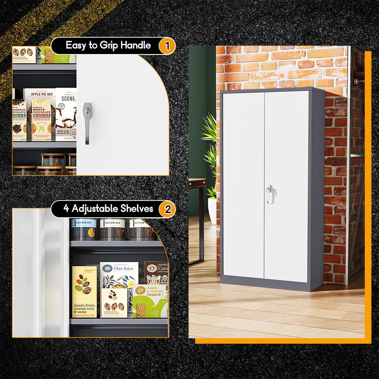 Greenvelly Metal Garage Storage Cabinet, Tall Locking Storage Cabinet with 2 Doors and 4 Adjustable Shelves, Steel Tool Cabinet, Lockable Filling Cabinet for Home, Office, Garage, School (Gray White) Greenvelly