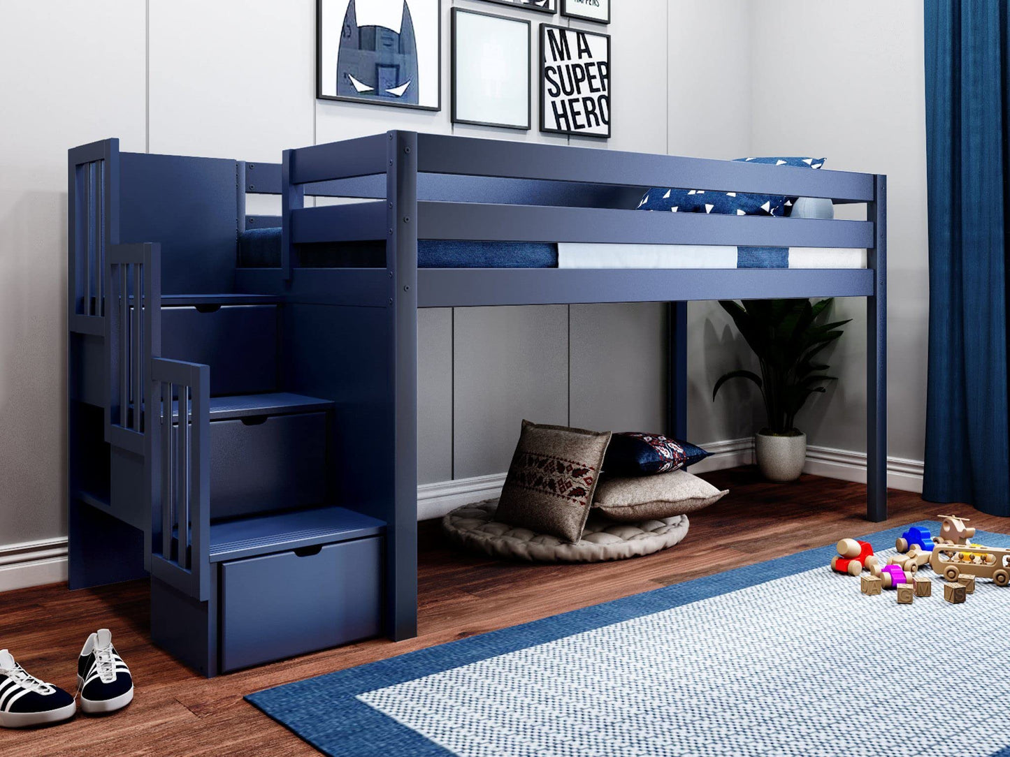 JACKPOT! Contemporary Low Loft Twin Bed with a 3 Drawer Stairway, Blue