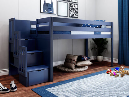 JACKPOT! Contemporary Low Loft Twin Bed with a 3 Drawer Stairway, Blue