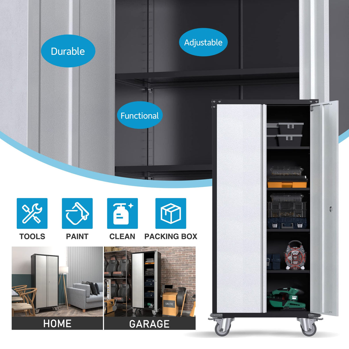 Waqiv Rolling Garage Storage Cabinet with Locking Door and Shelves, 71''H Lockable Metal Storage Cabinet on Wheels, Steel Tool Cabinet for Warehouse, Basement, Utility Room, Black&Gray Waqiv