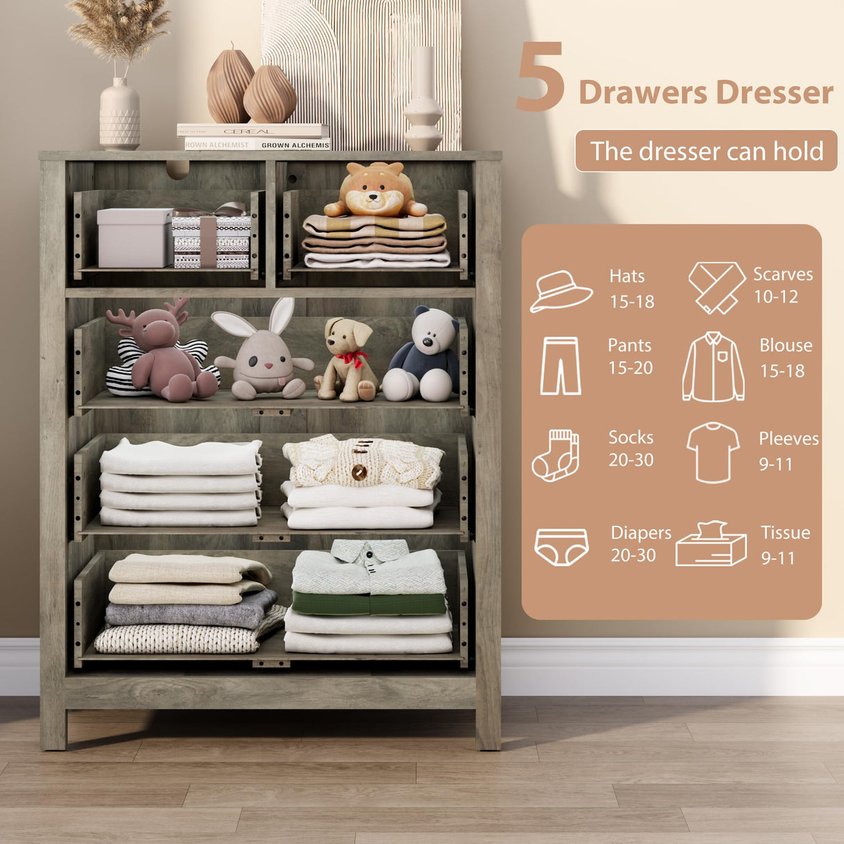 GarveeHome Grey 5 Drawer Dresser for Bedroom, Modern Tall Dresser Organizer with Storage Drawers, Wooden Chests of Drawers for Bedroom, Entryway, Hallway, Home Office GarveeHome