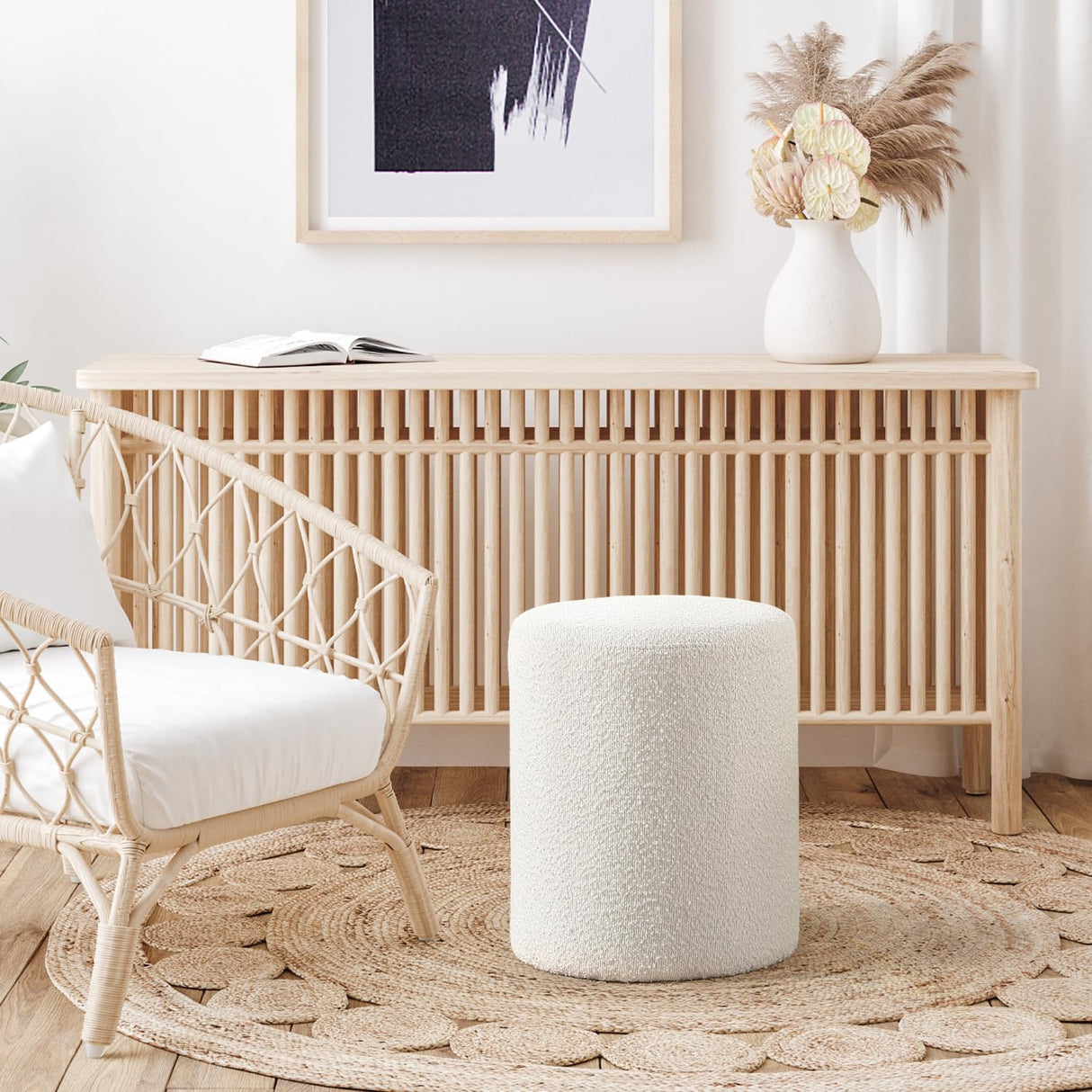 Get Set Style Modern Round Ottoman with Soft Padded Seat, Multifunctional Vanity Chairs for Makeup, Upholstered Footrest Stool Ottoman Foot Stool for Living Room, Bedroom, boucle, White Get Set Style