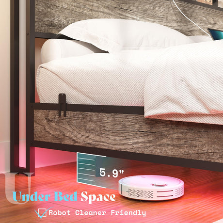 AMERLIFE Queen Size Floating Bed Frame with LED Lights and Storage Headboard in Rustic Grey AMERLIFE