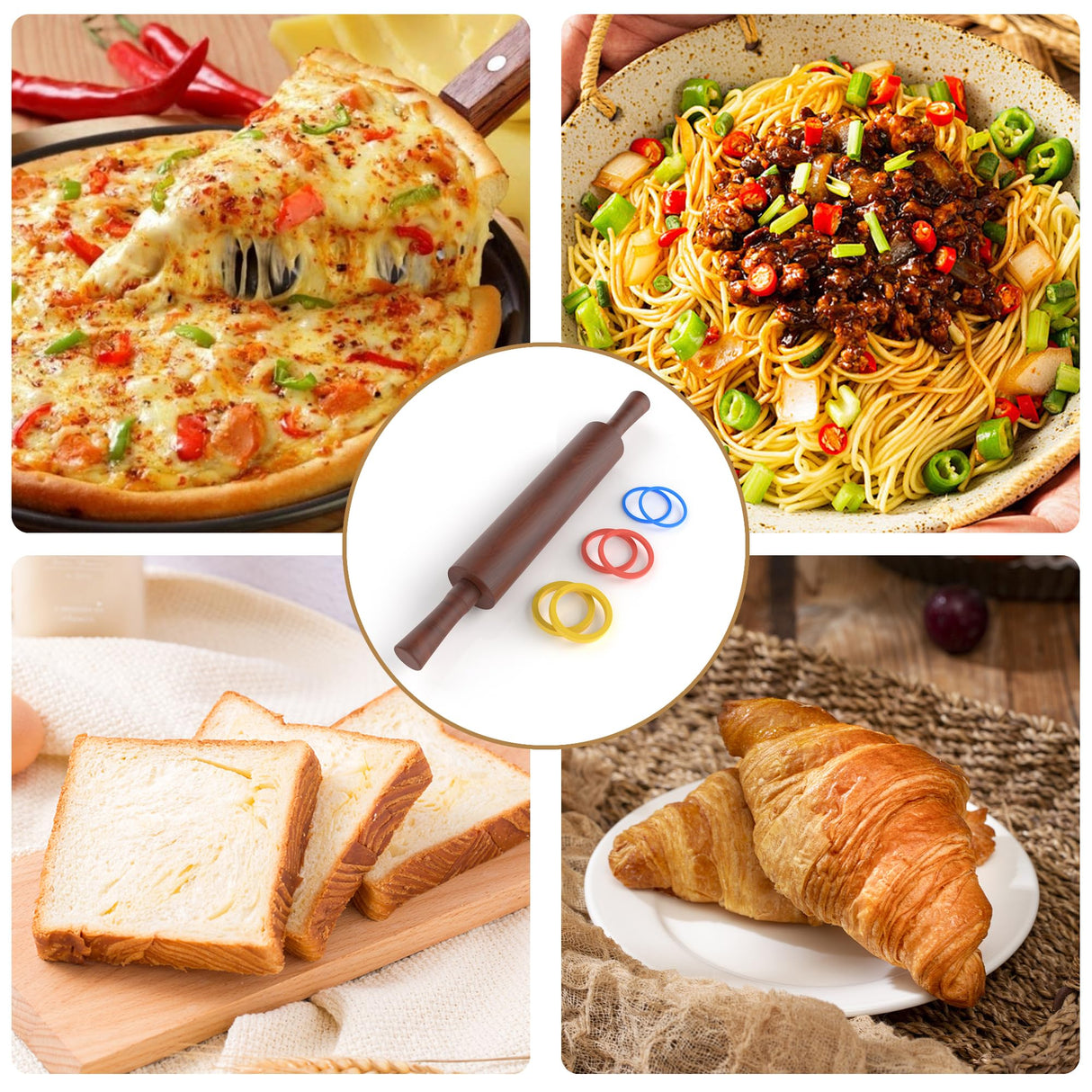 Mepple Classic Wooden Rolling Pin with Handle for Fondant, Pizza, Pies, Cookies, Pastries, Rolling Pin for Baking with 3 Multi-Color Thickness Rings, 17" x 2.5" Natural Sapele Rolling Pin Mepple