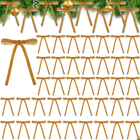 Joottuan Velvet Christmas Bow 3/8 Inch Rustic Crafts Gift Bows Vintage Velvet Ribbon Wreath Bows for Christmas Tree Home Decor Indoor Outdoor Decoration (48, Khaki) Joottuan