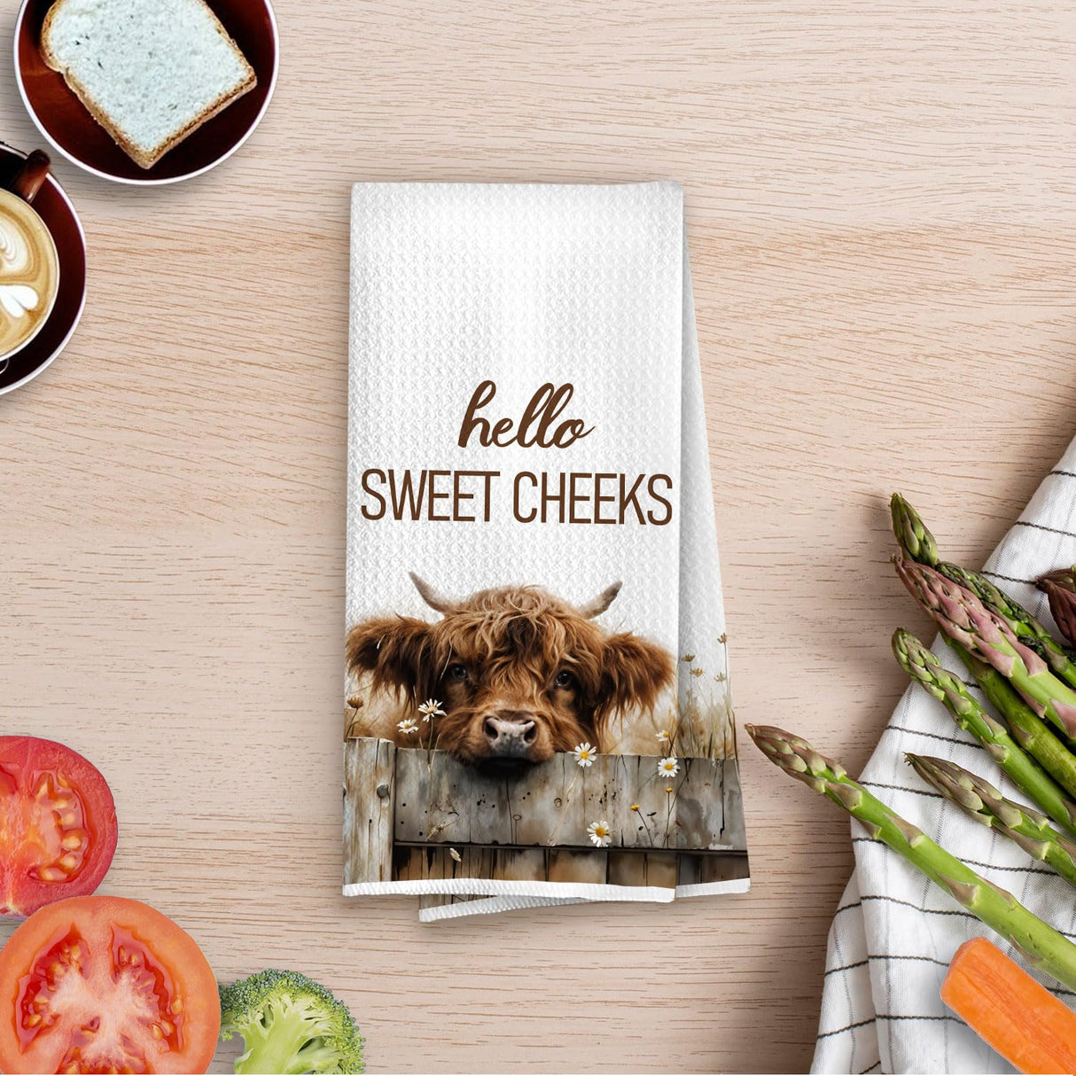 BlissfulAbon Hello Sweet Cheeks Highland Cow Bathroom Hand Towels 16x24 Inch, Farmhouse Highland Cow Kitchen Dish Towels Drying Cloth, Farmhouse Bathroom Kitchen Decor BlissfulAbon