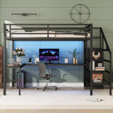 Queen Loft Bed with Stairs and Wardrobe, Queen Size Loft Bed with Desk and Storage, Metal Loft Bed with Charging Station and Light, Queen Size Loft Bed for Adults, Teens, Kids(Balck Queen) Bellemave