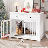 PRETZI Dog Crate Furniture, 44 Inch Wooden Dog Kennel Indoor with 2 Storage Drawers, Heavy Duty Large Crate Furniture, Decorative End Table Cage Furniture for Small/Medium/Large (White) PRETZI