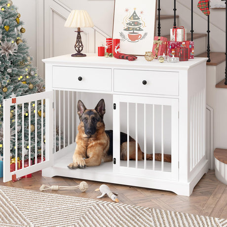 PRETZI Dog Crate Furniture, 44 Inch Wooden Dog Kennel Indoor with 2 Storage Drawers, Heavy Duty Large Crate Furniture, Decorative End Table Cage Furniture for Small/Medium/Large (White) PRETZI