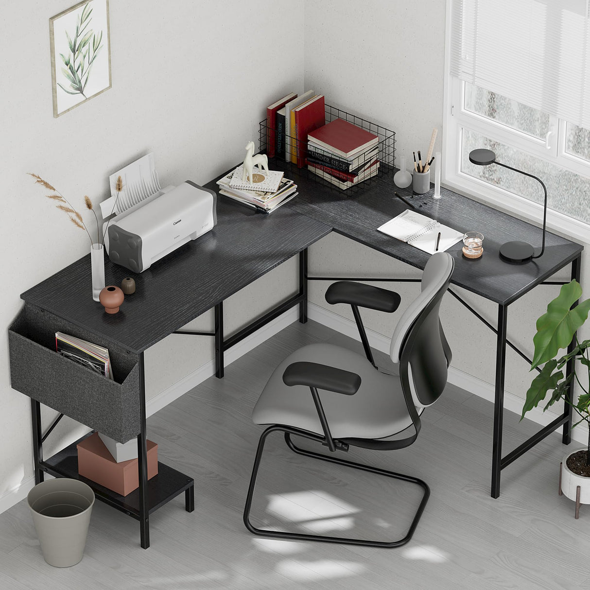 Simple Deluxe L Shaped Desk Gaming Computer 50 Inch Reversible Corner Table PC Work Table for Writing Study Student with Wood Tabletop Metal Frame CPU Stand Side Bag for Home Office Small Place Simple Deluxe