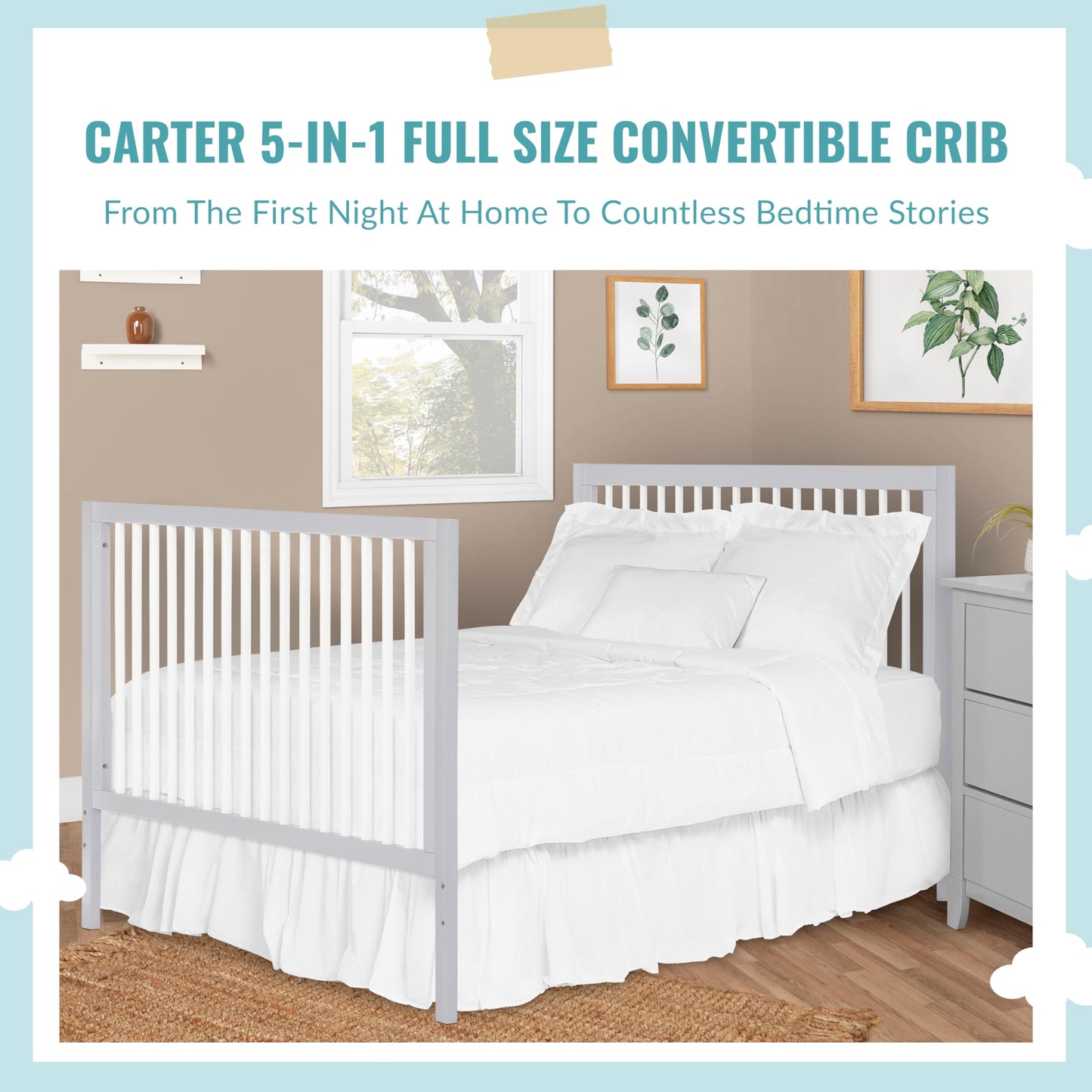 Dream On Me Carter 5-in-1 Full Size Convertible Crib / 3 Mattress Height Settings/JPMA Certified/Made of New Zealand Pinewood/Sturdy Crib Design, Grey & White