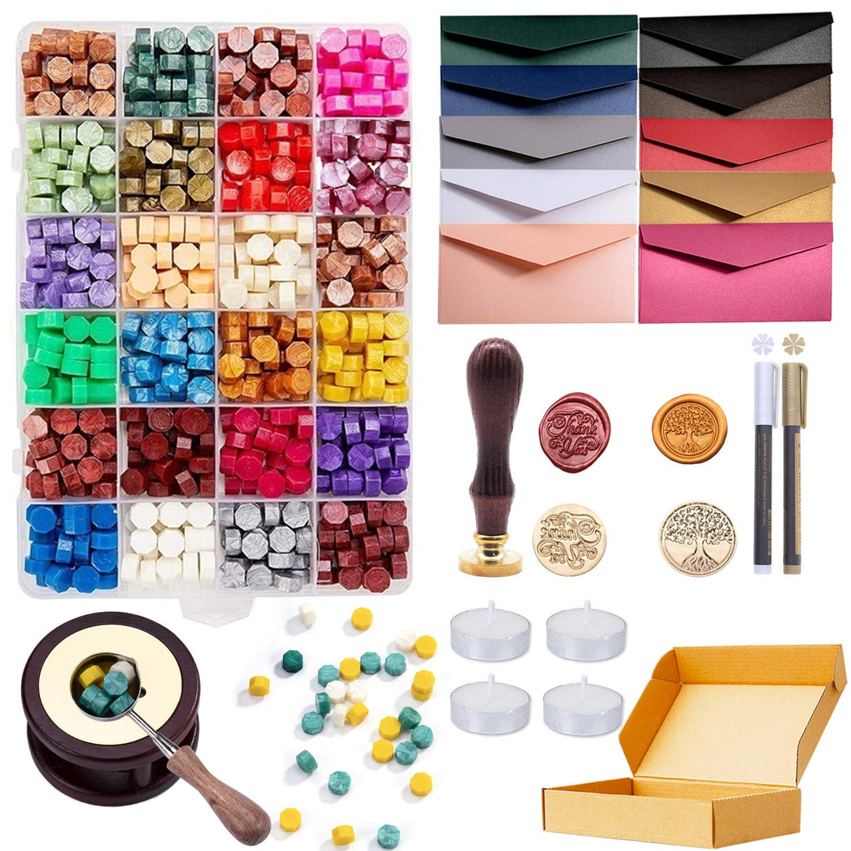ZYNERY Sealing Wax Kits, 643pcs Wax Seal Beads with Gift Box, Wax Seal Stamp, Melting Furnace, Melting Spoon, Envelopes/Tealight Candles/Wax Stamp/Metallic Pen for Envelope Stam ZYNERY