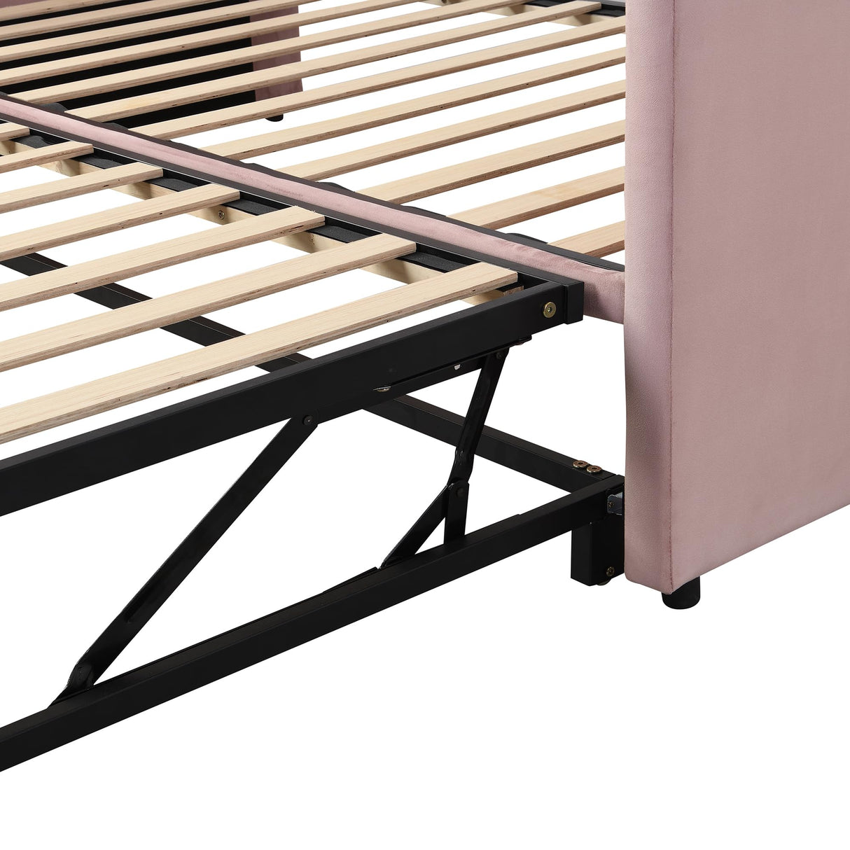 KTATK Twin Size Velvet Upholstered Daybed with Pop Up Trundle,Extendable Wooden Bed Frame,W/Backrest and Armrests,Twin-Size to King-Size,for Living Room Apartment,Pink KTATK