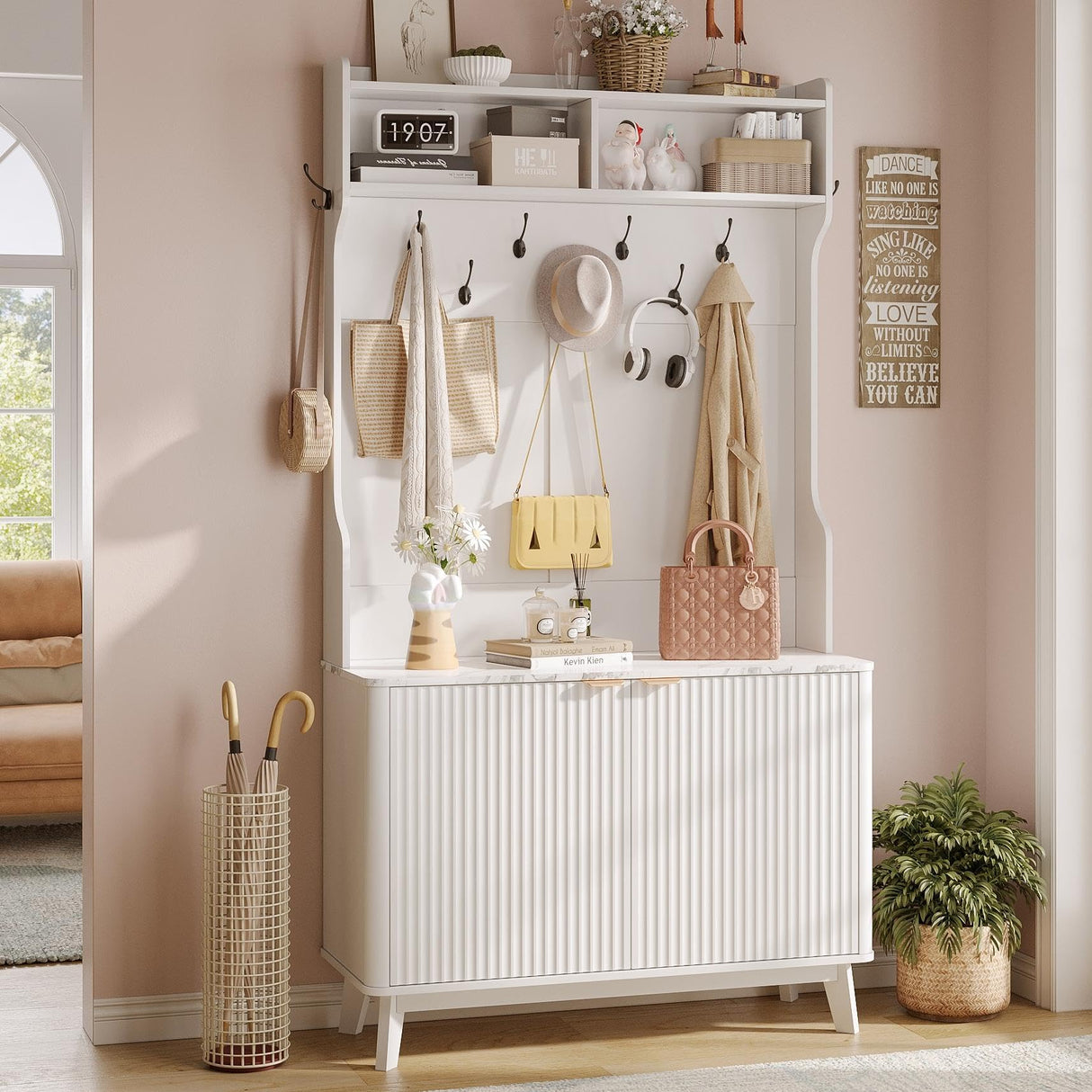 Maupvit 77" White Entryway Hall Tree, 4-in-1 Wood Coat Rack with 9 Hanging Hooks & Storage Bench, Shoe and Coat Rack, 18 Shoe Cubbies Home Organizer for Hallway Front Door Entrance Maupvit