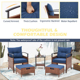 AVAWING 5 PCS Outdoor Rattan Furniture Set, Wicker Conversation Sets W/Metal Coffee Table and Soft Cushions, Patio Chairs with Ottomans for Garden, Porch, Balcony and Deck (Blue) AVAWING