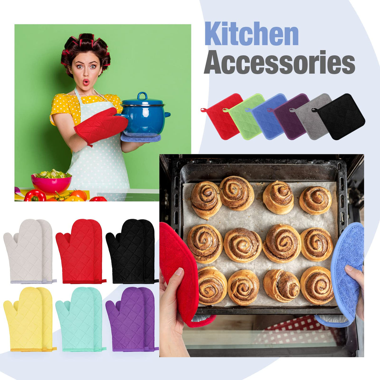 Zubebe 12 Pcs Oven Mitts and Pot Holders Multicolor Sets 6 Pair Blank Sublimation Heat Resistant Cotton Oven Gloves Kitchen Gloves 6 Terry Cloth Pot Holders Oven Hot Pads for Cooking Baking Grilling Zubebe