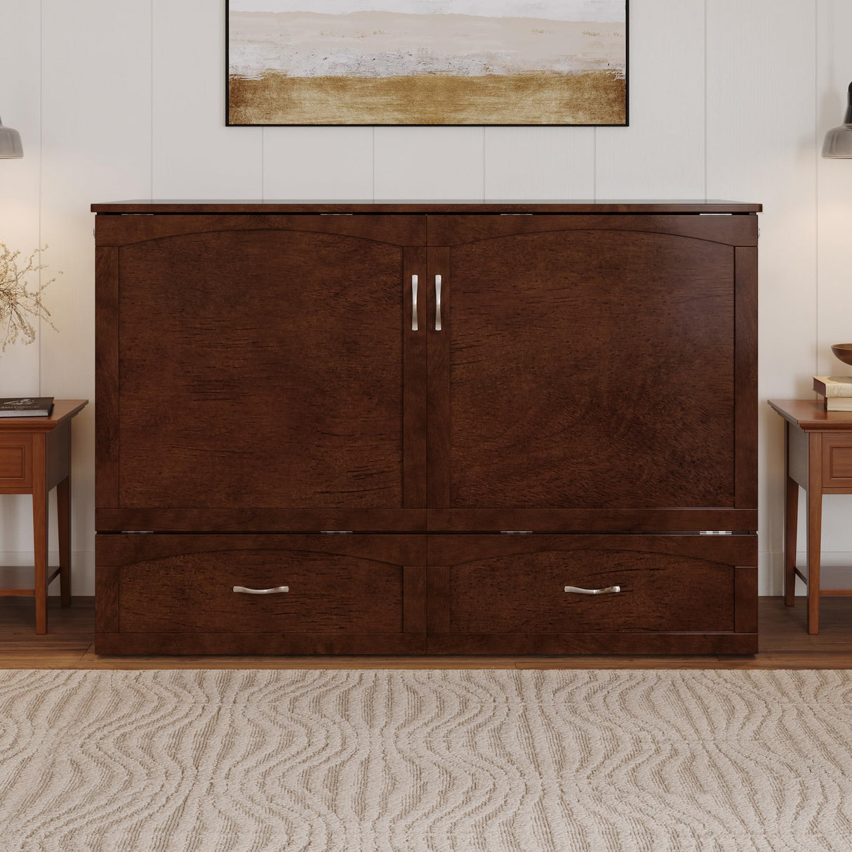 AFI, Marion Queen Wood Murphy Bed Chest with 6" Mattress, Storage Drawer, & Built-in Charger, Walnut AFI