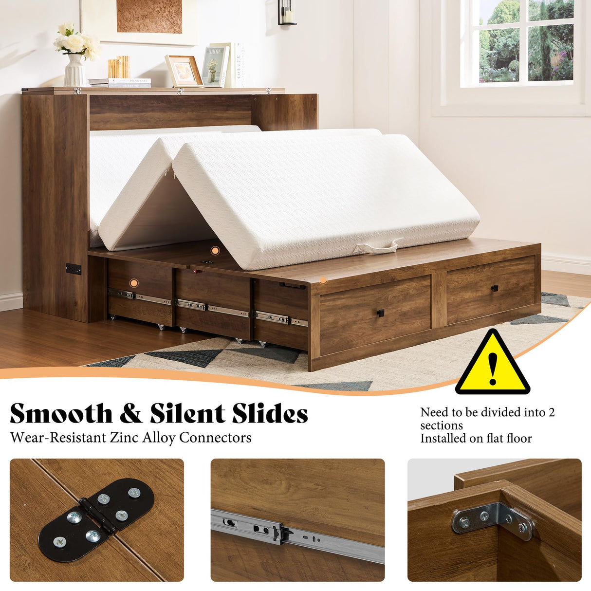 AMERLIFE Queen Murphy Bed Cabinet with Charging Station and Storage, Farmhouse Foldable Platform Bed for Guest Room, Office, Small Spaces, Barnwood AMERLIFE