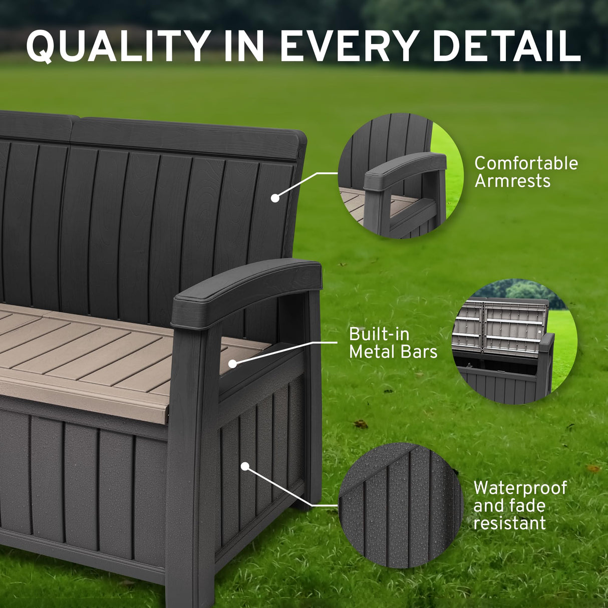 EconoHome 2 Seat Outdoor Storage Bench with Rain Cover - 60 Gallon Capacity - Weatherproof Resin Bench for Patio, Porch, Garden, Yard, Pool Area - Furniture for Pool Accessories, Gardening Tools EconoHome
