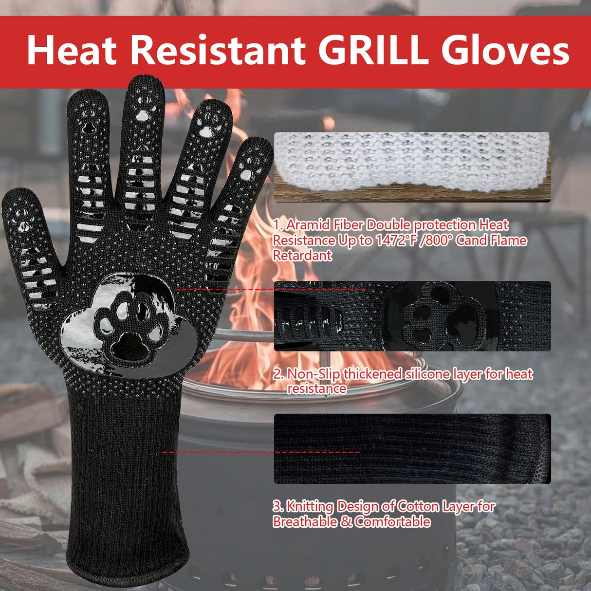 UBeesize Lengthen BBQ Gloves (Bear Paw), 1472°F Heat Resistant Grill Gloves, 14 inch Fireproof Oven Gloves for Cooking, Non-Slip Fire Gloves for Grilling, Barbecue, Smoker, Baking, Frying UBeesize