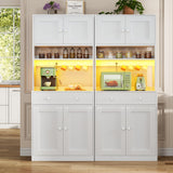 Korfile 71" Tall Kitchen Pantry Storage Cabinet with Power Outlet & LED Light, Freestanding Food Pantry Cabinet with 4 Doors and Shelves, Cupboard with Drawer, Hutch with Microwave Stand, White Korfile