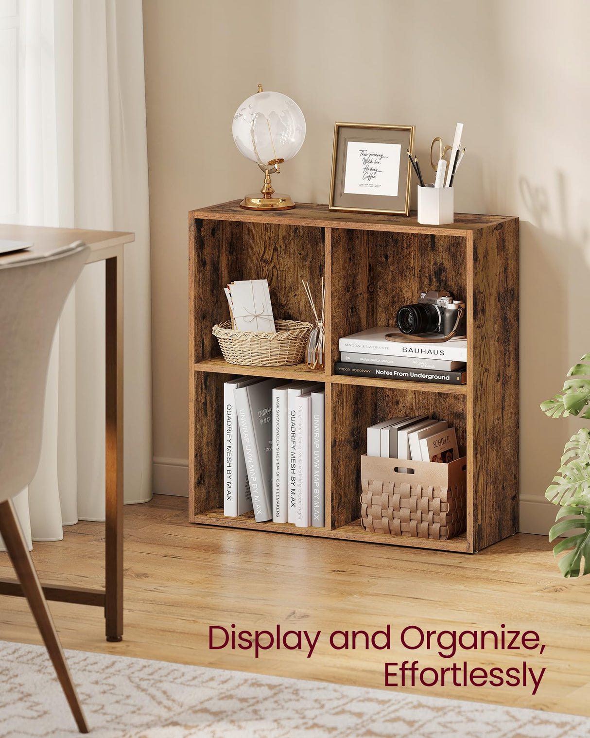 VASAGLE Custos Collection - Bookshelf, Bookcase, Cube Shelf with 4 Compartments, 9.4 x 26 x 26 Inches, Storage Shelf, for Living Room, Home Office, Dining Room, Rustic Brown ULBC476K01 VASAGLE