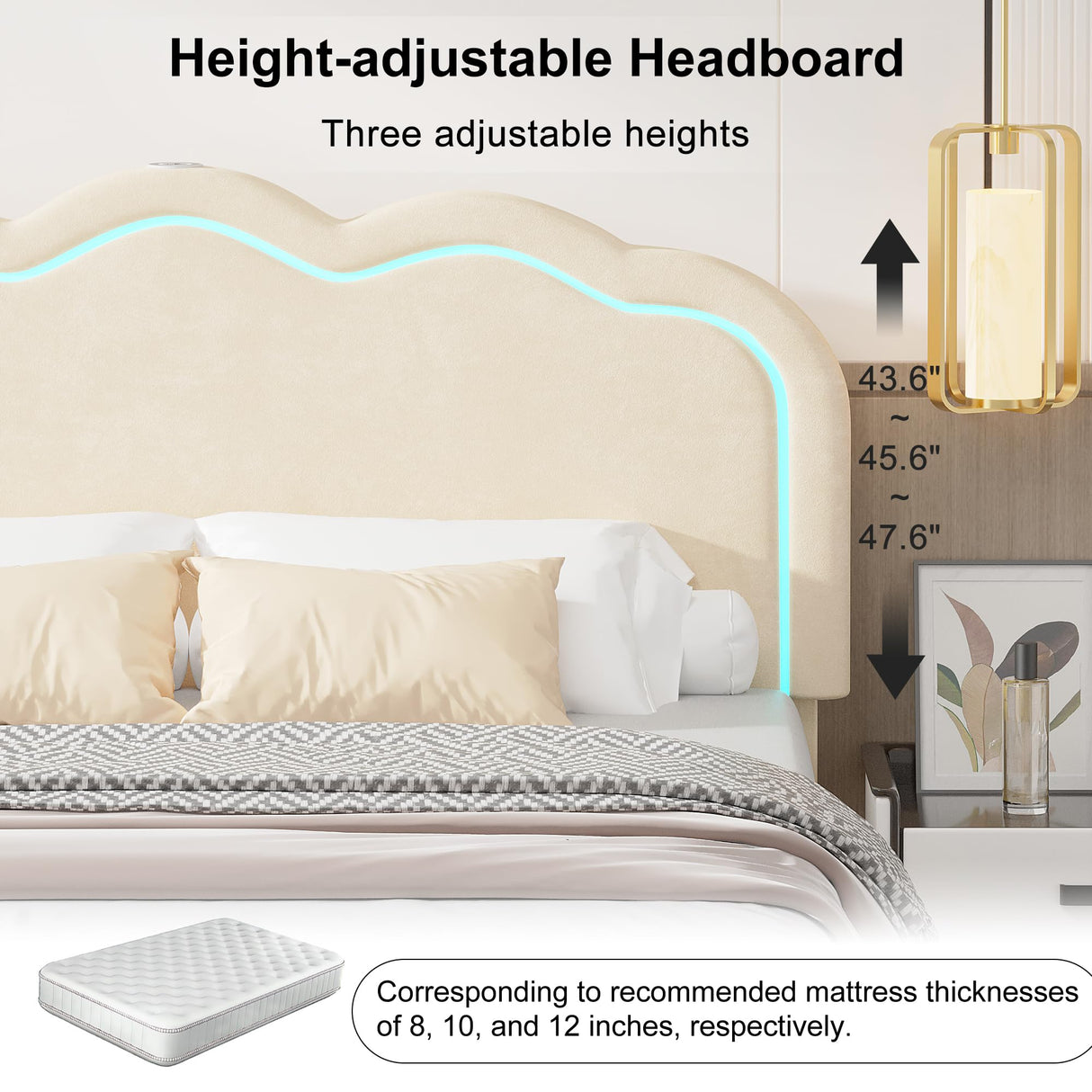 VECELO Adjustable Upholstered Queen Bed Frame with LED Lights, USB Ports, and Velvet Finish in Beige VECELO
