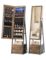 Nicetree Jewelry Cabinet Armoire with 2 Drawers, Lockable Standing Jewelry Mirror Cabinet, Full Length Mirror with Jewelry Storage, Rustic Brown Nicetree