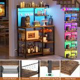 Aheaplus Bakers Rack with Power Outlet and LED Light Strings, Microwave Oven Stand Kitchen Storage Shelf with Wire Basket, Coffee Bar Station Island Table with 10 Hooks for Spices, Pots, Rustic Brown Aheaplus
