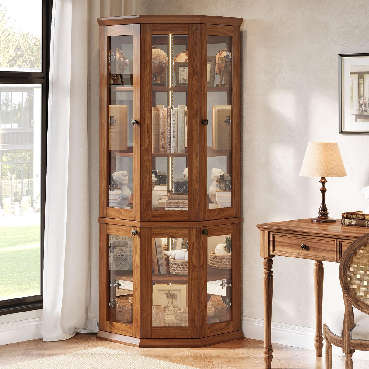 Tribesigns Corner Storage Cabinet, 71" Tall Corner Cabinet with Doors & LED Lights, 5-Tier Mid-Century Display Shelf for Living Room, Kitchen, Walnut Tribesigns