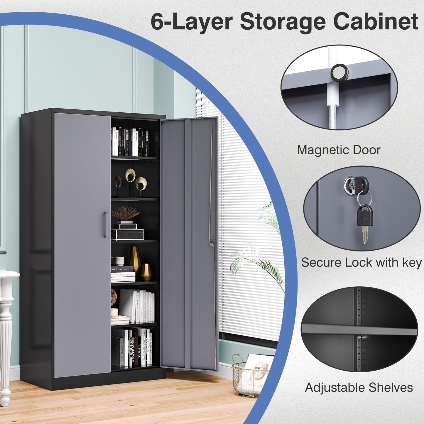 LISSIMO 72" Metal Locker Storage Cabinet,72" Tall Locking Cabinet with Doors and Adjustbale Shelves,File Cabinets for Basement,Garage,Home Office - WoodArtSupply