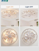 LEDIARY Caged Ceiling Fans with Lights, White Flush Mount Ceiling Fan with Remote, Small Low Profile Bladeless Ceiling Fan Light Fixture for Bedroom, Kitchen, Dining Room-White Gold Color LEDIARY