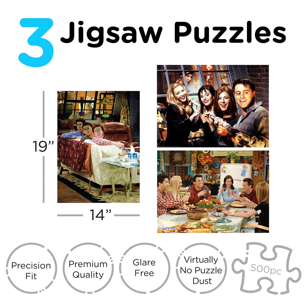 Aquarius Set of 3 Friends Puzzles (Three 500 Piece Jigsaw Puzzles) - Glare Free - Precision Fit - Officially Licensed Friends Merchandise & Collectibles - 14x19 Inches AQUARIUS