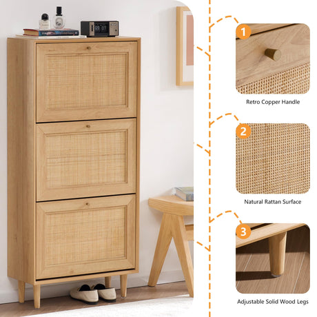 HOOLETE Narrow Shoe Cabinet with 3 Flip Drawers Hidden Freestanding Shoe Rack with Natural Rattan Doors Wooden Shoe Storage Cabinet with Solid Wood HOOLETE