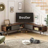 Bestier Mid Century Modern TV Stand for 85 inch tv, Entertainment Center with Storage and Sliding Doors, 2 in 1 Long TV Cabinet for Living Room, Ancona Walnut Bestier