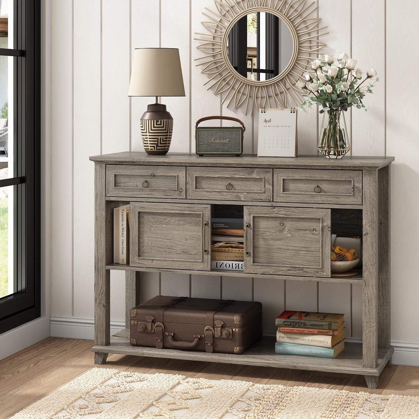 Vabches Farmhouse Entryway Table with Storage, 47" Modern Console Table with Sliding Barn Door & Drawers, Wood Rustic Sofa Table for Living Room, Entryway, Hallway, Washed Grey - WoodArtSupply