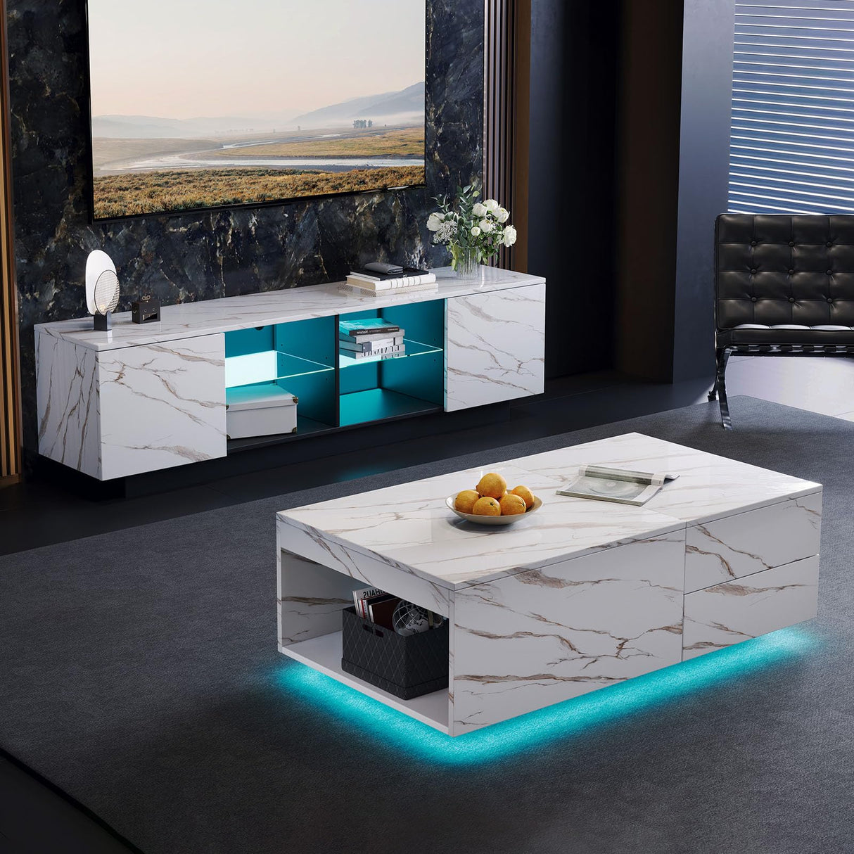 Svimi Modern Coffee Table & 65" TV Stand Set of 2, LED Entertainment Center with Power Outlets/Hidden Storage (White Coffee Table + White TV Stand) Svimi