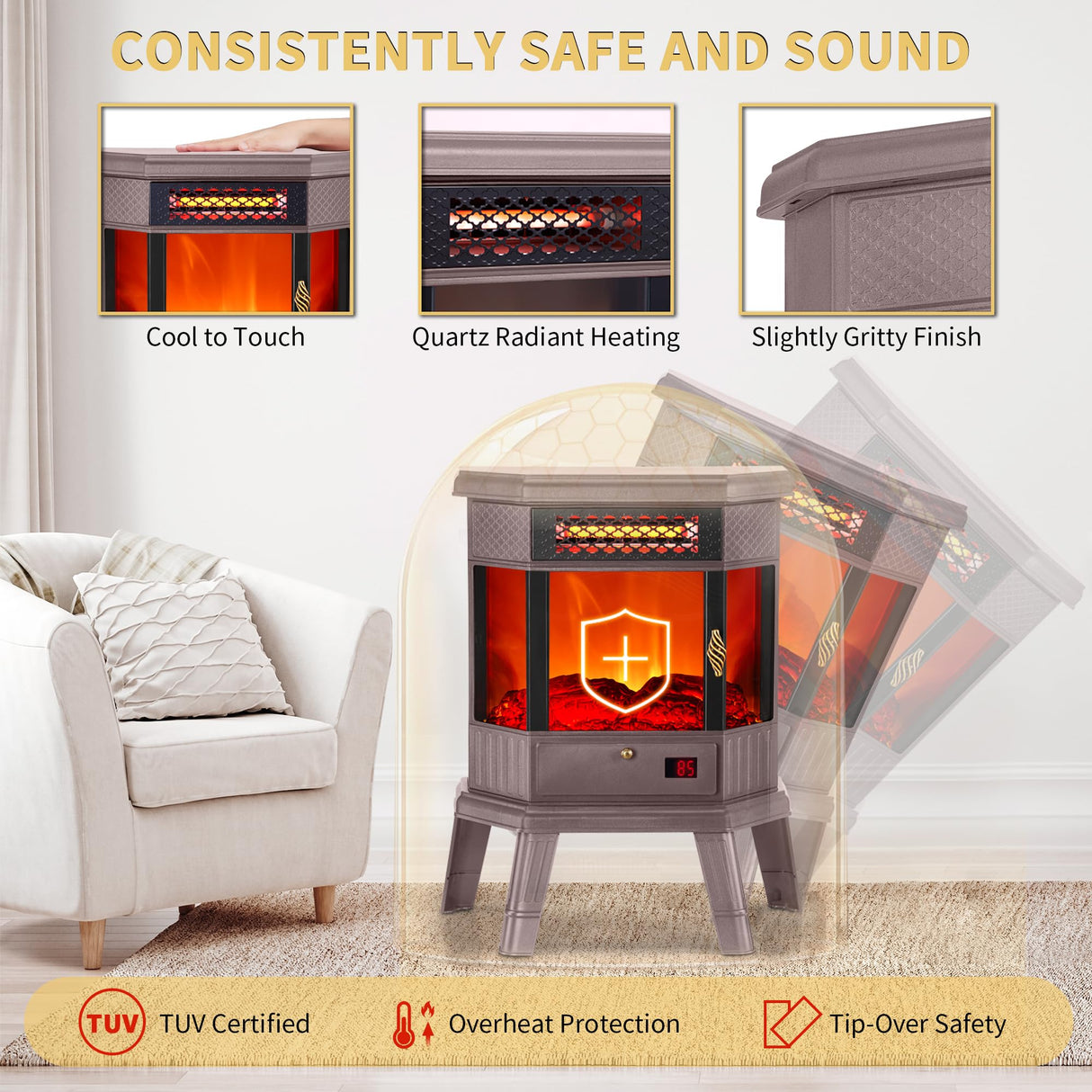 RealSmart Electric Fireplace Heater 22 in Freestanding Fireplace Stove Infrared Fireplace with 3D Flame Effect Remote Control, Timer, Overheating Protection Heater for Indoor Use Brown RealSmart