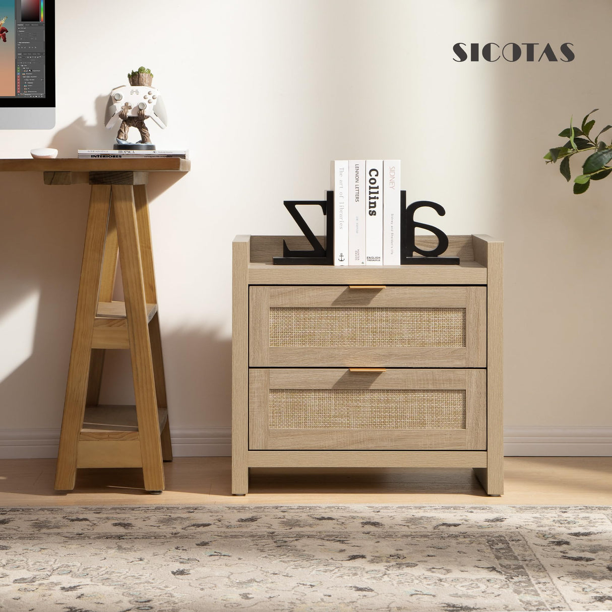 SICOTAS Rattan Nightstand Bedside Table : Wood Night Stand with Type-C Charging Station, 2 Drawers Storage - Boho Night Stands End Table for Bedroom - Light Oak SICOTAS