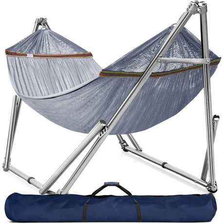 Tranquillo Double Hammock with Stand 650lb Capacity Double Hammock with Spreader Bar, Solid Grade 201 Stainless Steel 30s Set Up, Sturdy Flexible Hammock Stand Portable, Outdoor Indoor, Grey Tranquillo