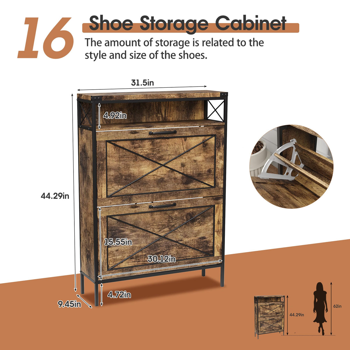 Maupvit Shoe Storage Cabinet with 2 Flip Drawers with Metal Legs，Adjustable Shelves，Entryway Hidden Shoe Storage，Shoe Organizer for Entryway (Brown) Maupvit