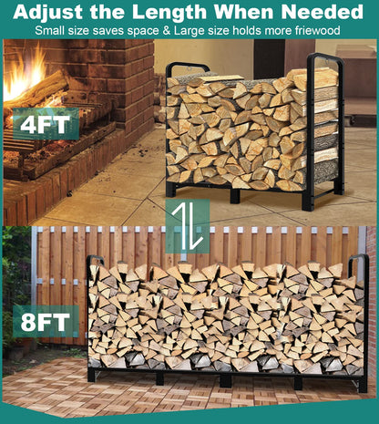 Fandature 8Ft Firewood Rack Adjustable Fireplace Wood Holder For Outdoor Indoor Storage Log-Heavy Duty Fire Log Lumber Stand Stacker, Black