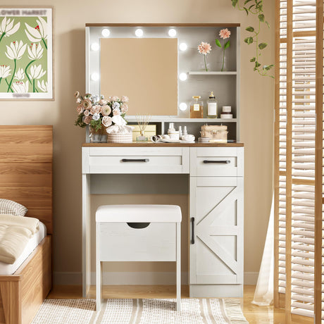 THINK 30 Farmhouse Makeup Vanity Desk with Mirror and Lights, 3 Lighting Modes, Vanity Set with Stool, Dressing Table with Adjustable Shelves,2 Drawers and Side Cabinet for Bedroom, White THINK 30