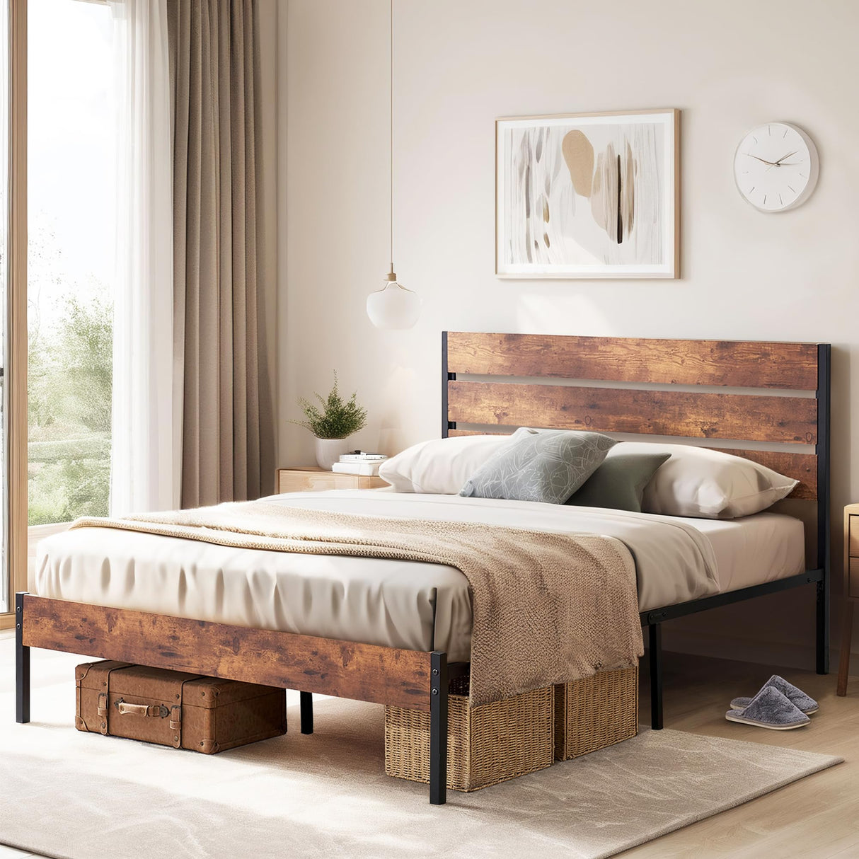 VECELO Rustic Queen Size Bed Frame with Wooden Headboard and Sturdy Slat Support VECELO