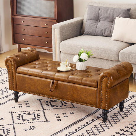 Furniliving Storage Ottoman Bench, Leather Bench End of Bed Bench with Solid Wood Legs Upholstered Ottoman Bench with Storage Indoor Bench for Living Room with Rolled Arm, Entryway, YellowBrown Furniliving