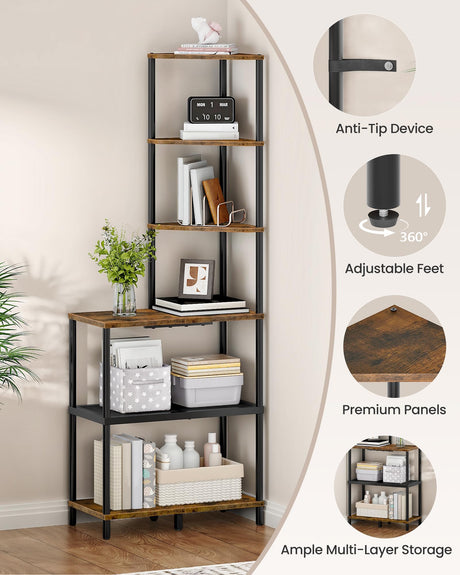 CHOEZON 6-Tier Corner Shelf, Industrial Corner Bookshelf with Desk Top, Diamond-Shaped Storage Shelves, Display Stand for Small Spaces, Living Room, Home Office, Foyer, Rustic Brown and Black TCJ70BF CHOEZON