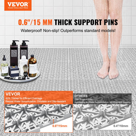 VEVOR Interlocking Tile 55PCS Blue, Drainage Tiles 12" x 12" Splicing, Soft PVC Interlocking Drainage Floor Tiles, Non-Slip Drainage Holes for Restroom, Bathroom, Kitchen, Pool, Wet Areas, Grey VEVOR