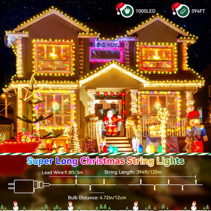 Heceltt Christmas Lights Outdoor, 394FT 1000LED Christmas Lights with 8 Modes and Timer Memory Function Christmas String Lights Waterproof Plug in for Xmas Tree Wedding Party Holiday Decor