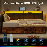 LIKIMIO Corner Bed Frame Twin Daybed with Storage Drawers, Metal Platform Bed Frame with LED Light, Charging Station & Fabric Upholstered Fence, Black LIKIMIO