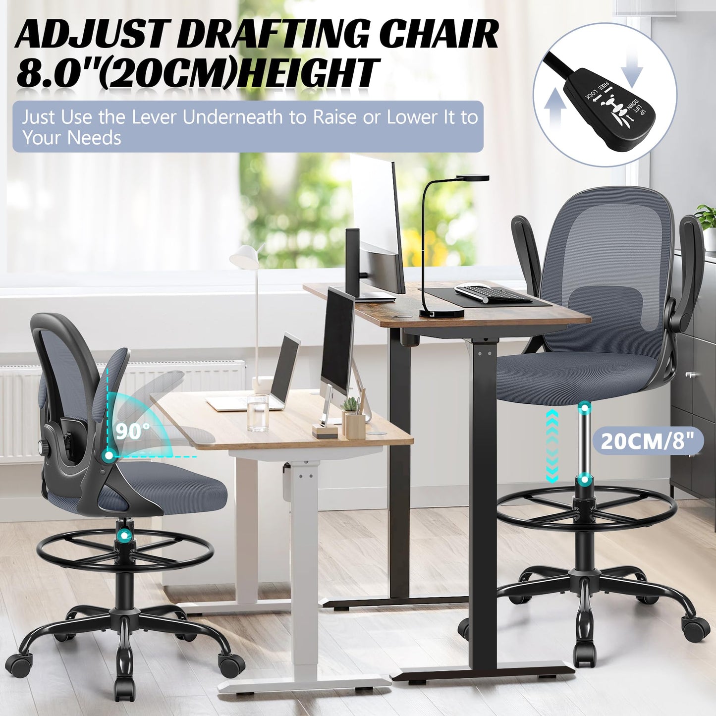 AtHope Drafting Chair, Tall Office Chair Ergonomic Standing Desk Chair,with Adjustable Footrest Ring, 3D Lumbar Support, Flip-up Armrests, Swivel Desk Stool for Drawing Working (Dark Gray) - WoodArtSupply